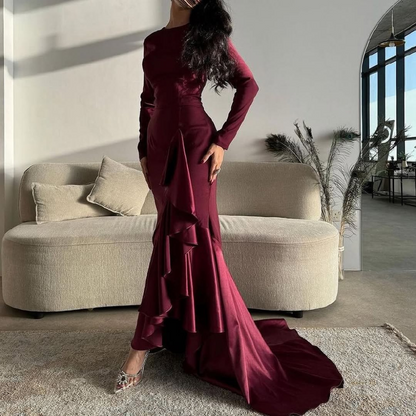 Maroon Modest Satin Ruffle Long Sleeves Mermaid Gown, Left