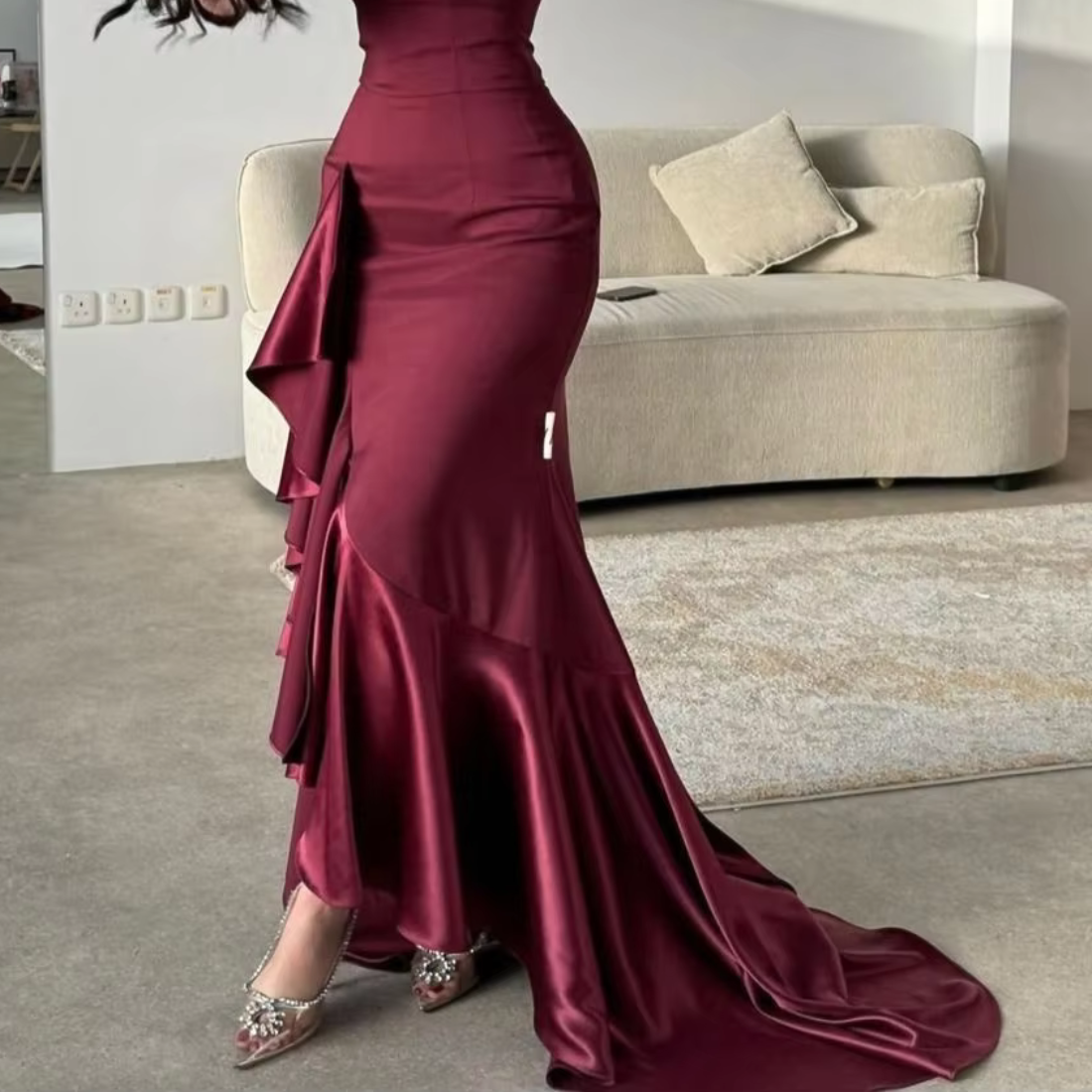 Maroon Modest Satin Ruffle Long Sleeves Mermaid Gown, Close Up 2