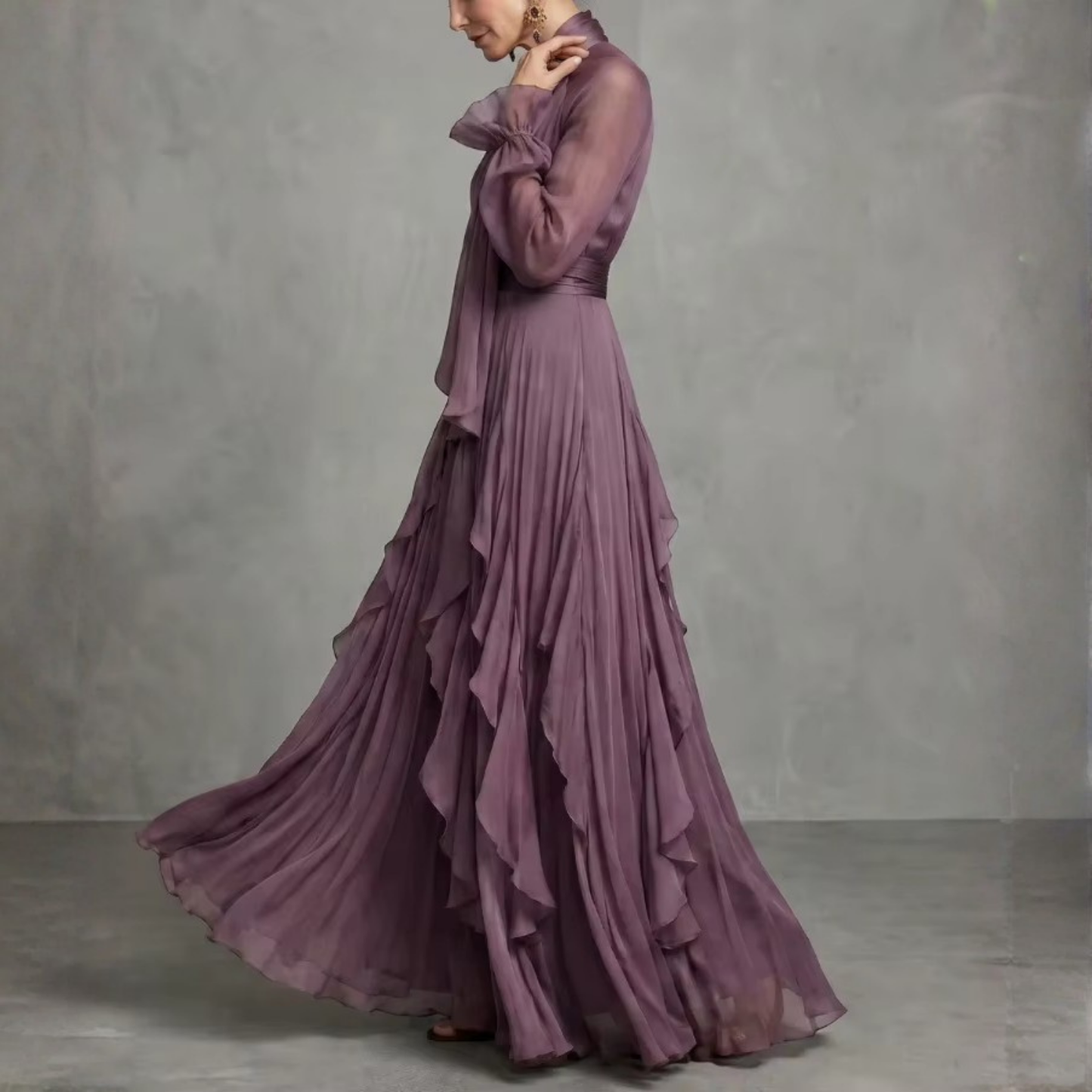 Mauve Purple Chiffon Balloon Sleeves Ruffle A-Line Maxi Dress, Right
