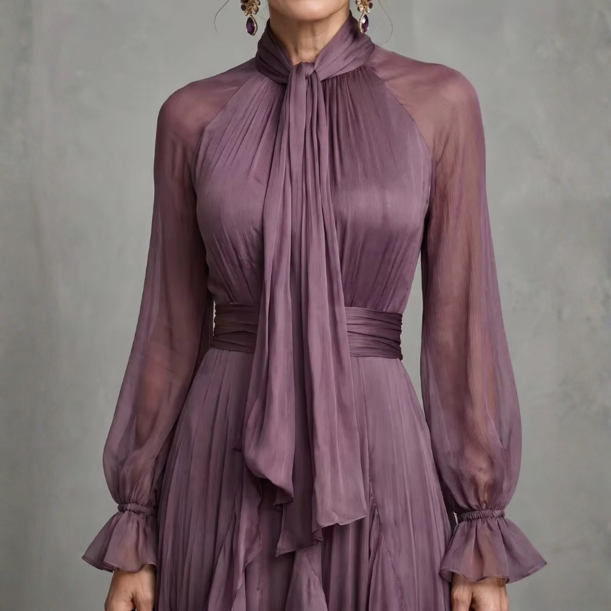 Mauve Purple Chiffon Balloon Sleeves Ruffle A-Line Maxi Dress, Close Up