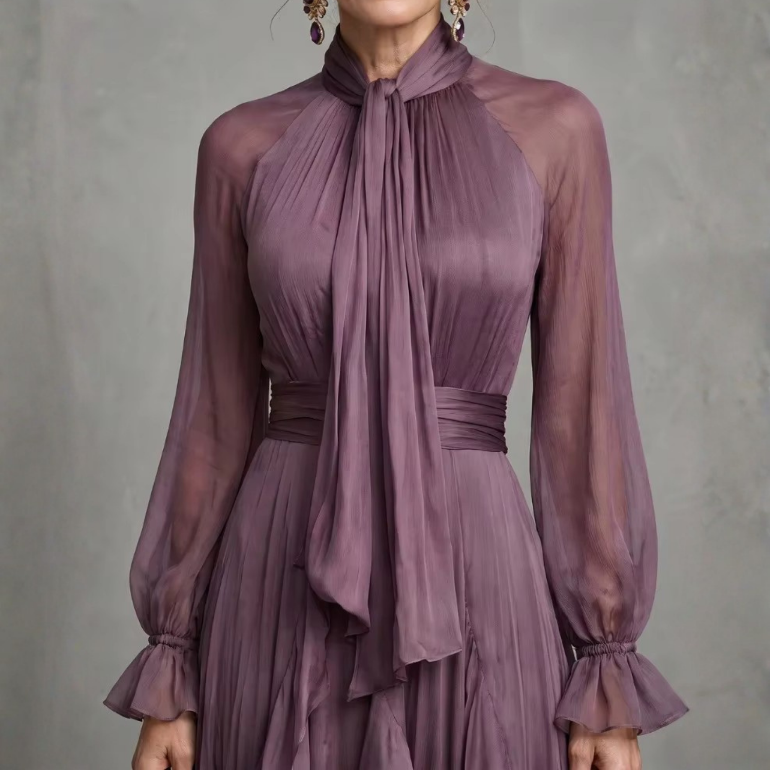 Mauve Purple Chiffon Balloon Sleeves Ruffle A-Line Maxi Dress, Close Up