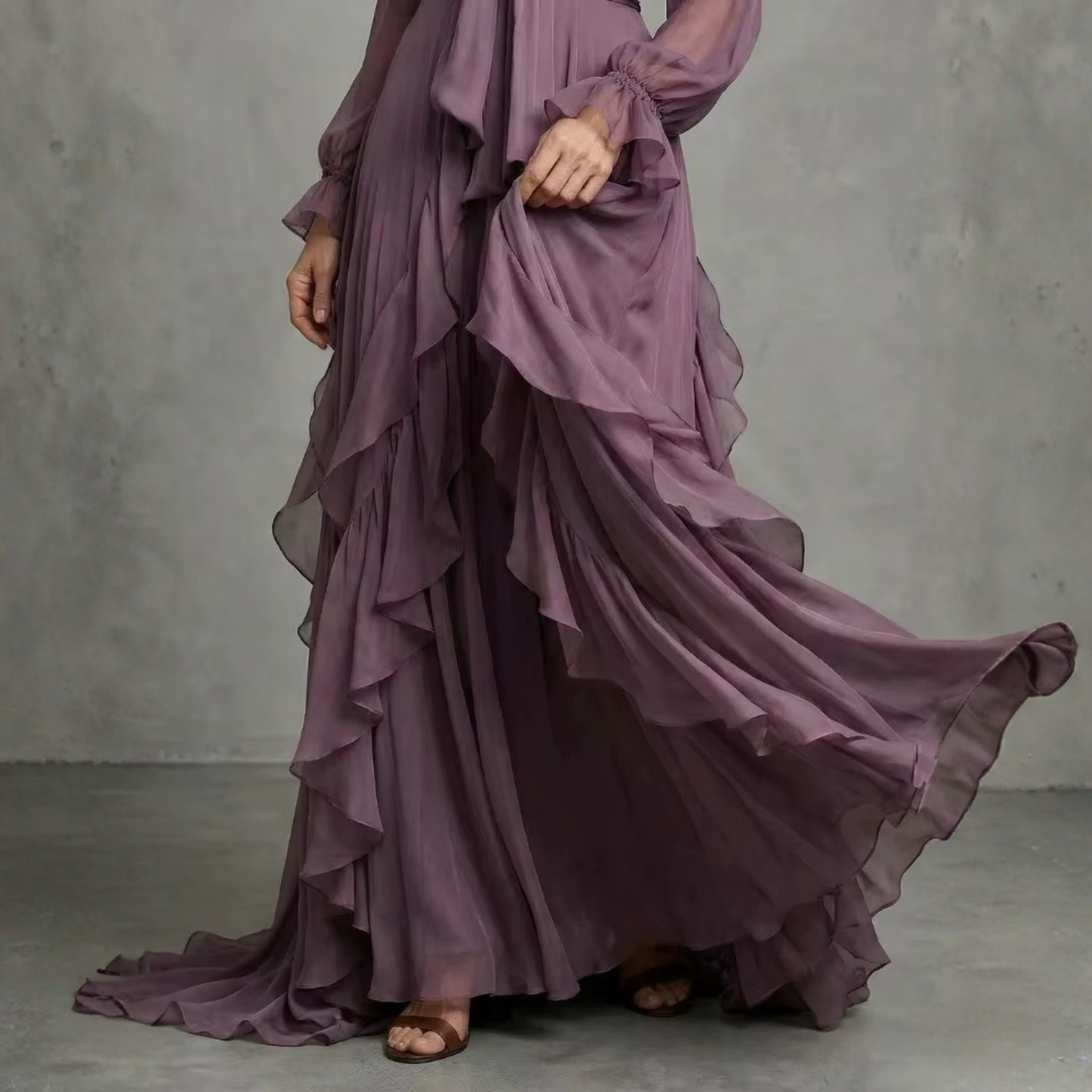 Mauve Purple Chiffon Balloon Sleeves Ruffle A-Line Maxi Dress, Bottom Half