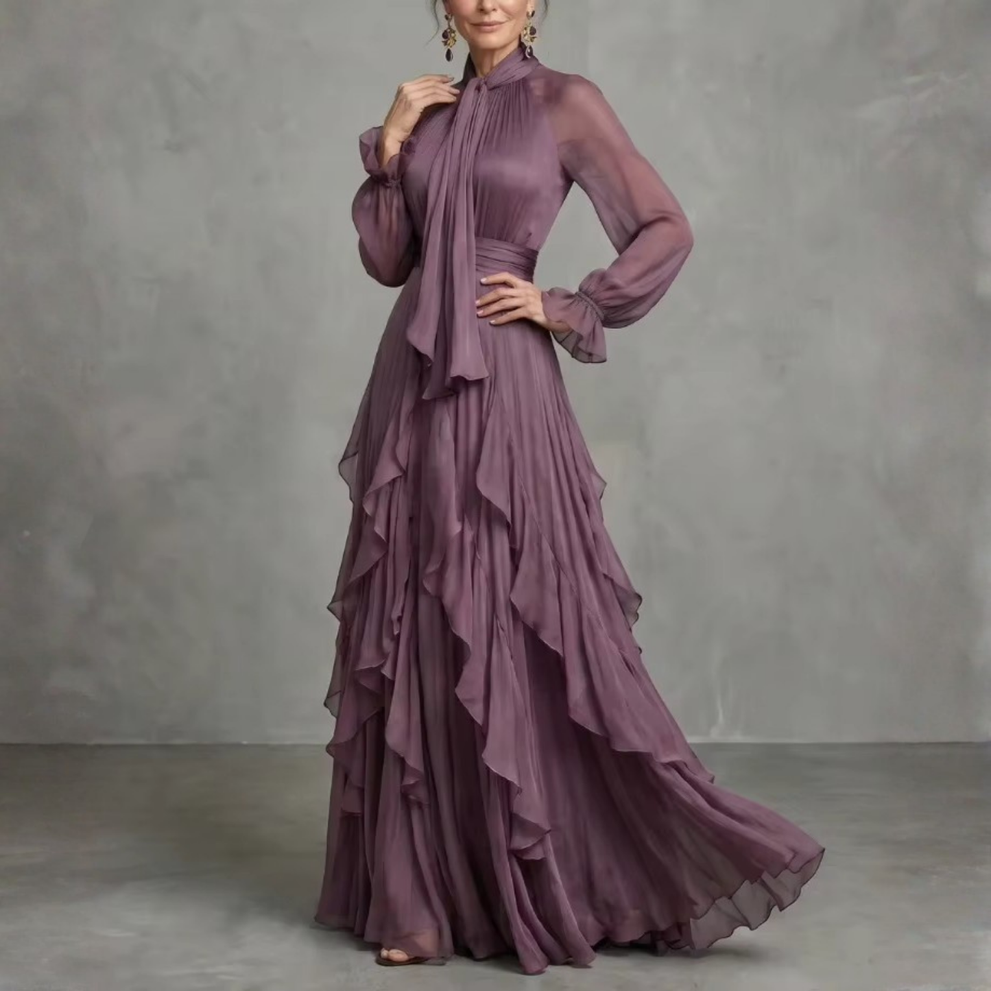 Mauve Purple Chiffon Balloon Sleeves Ruffle A-Line Maxi Dress, Left