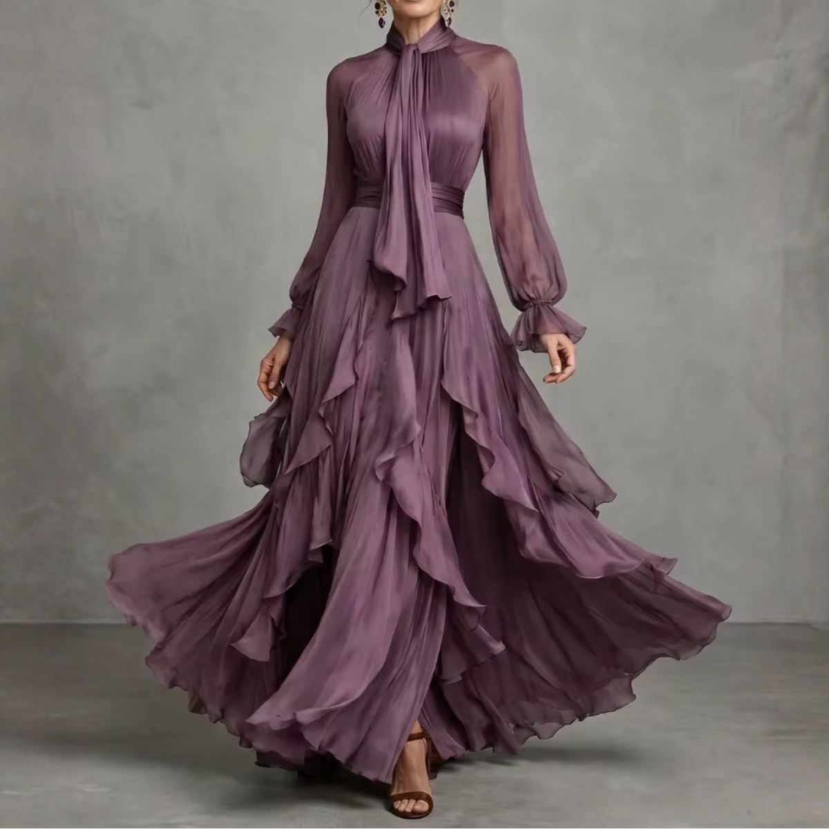 Mauve Purple Chiffon Balloon Sleeves Ruffle A-Line Maxi Dress