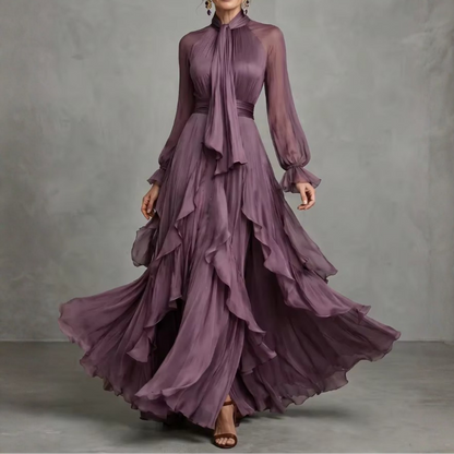 Mauve Purple Chiffon Balloon Sleeves Ruffle A-Line Maxi Dress