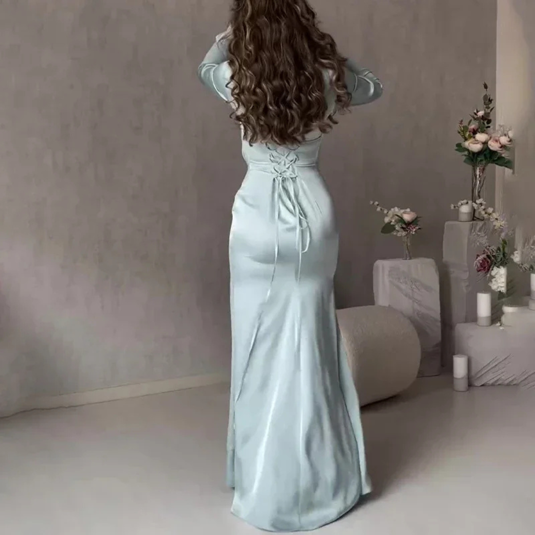 Mint Green Modest Pleated Tie Knot Evening Dress, Back
