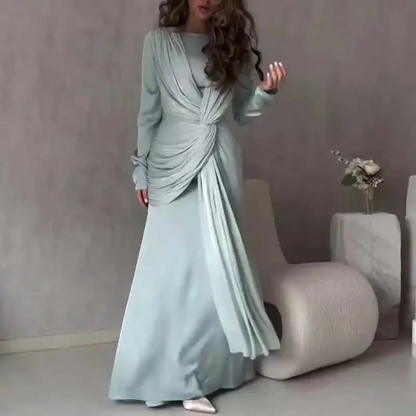 Mint Green Modest Pleated Tie Knot Evening Dress, Left