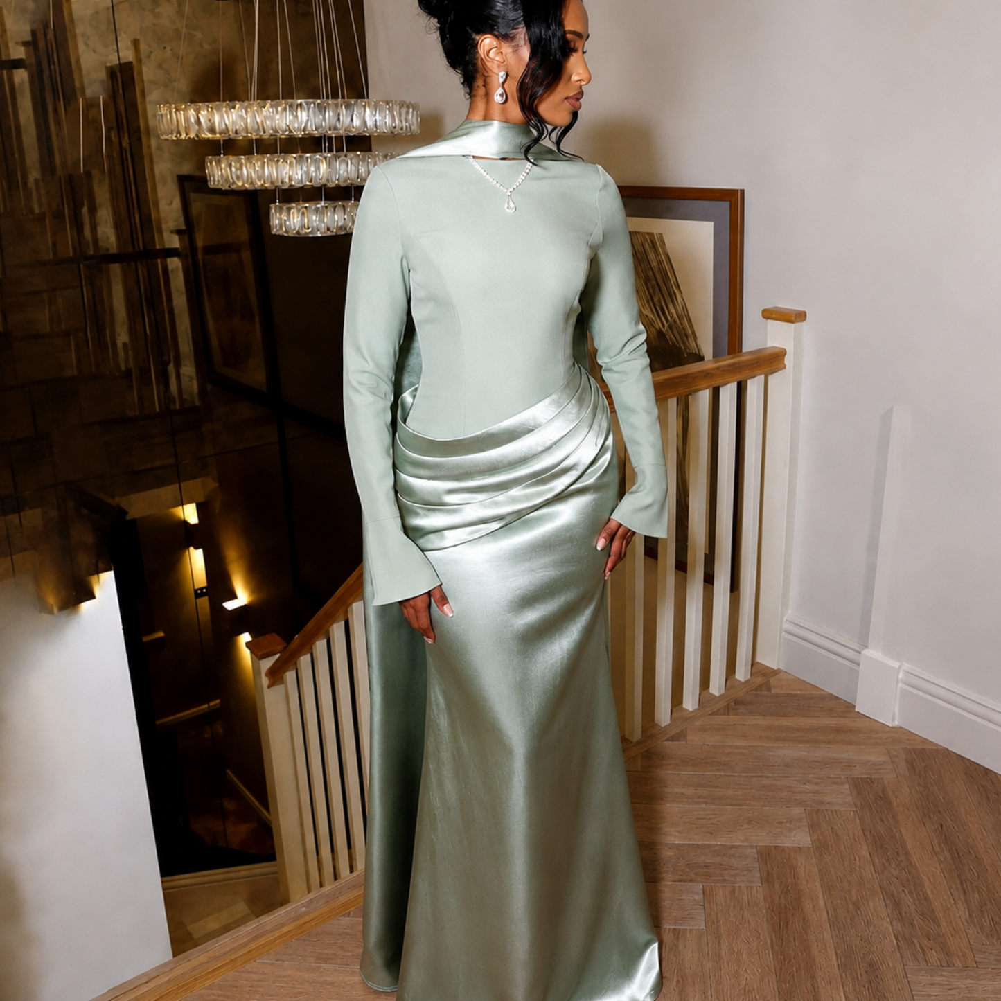 Mint Green Satin Modest Draped Mermaid Floor-Length Dress