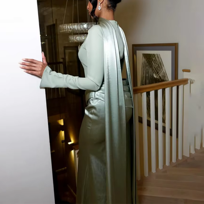 Mint Green Satin Modest Draped Mermaid Floor-Length Dress, Back