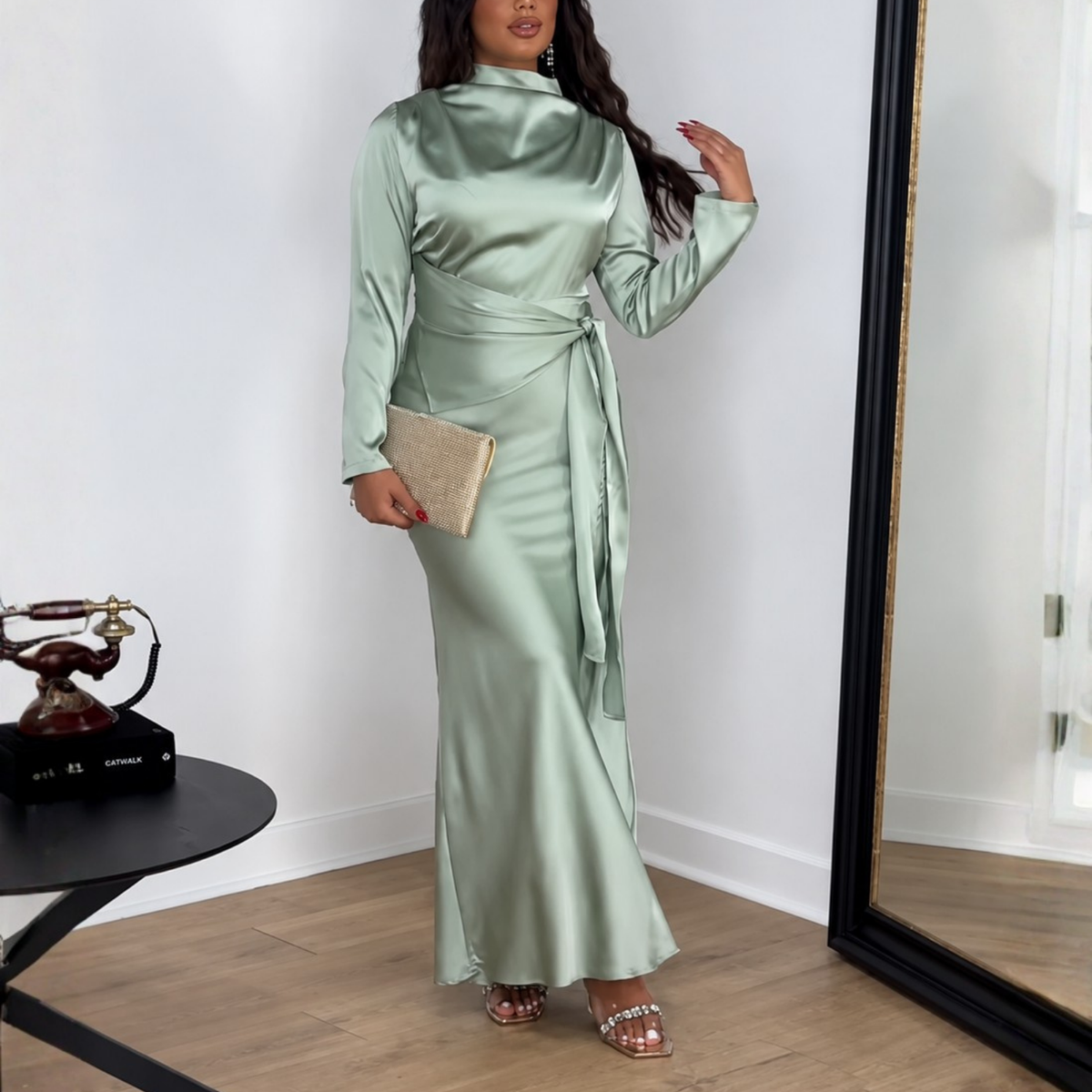 Mint Green Satin Waist Wrap Modest Ankle-Length Dress