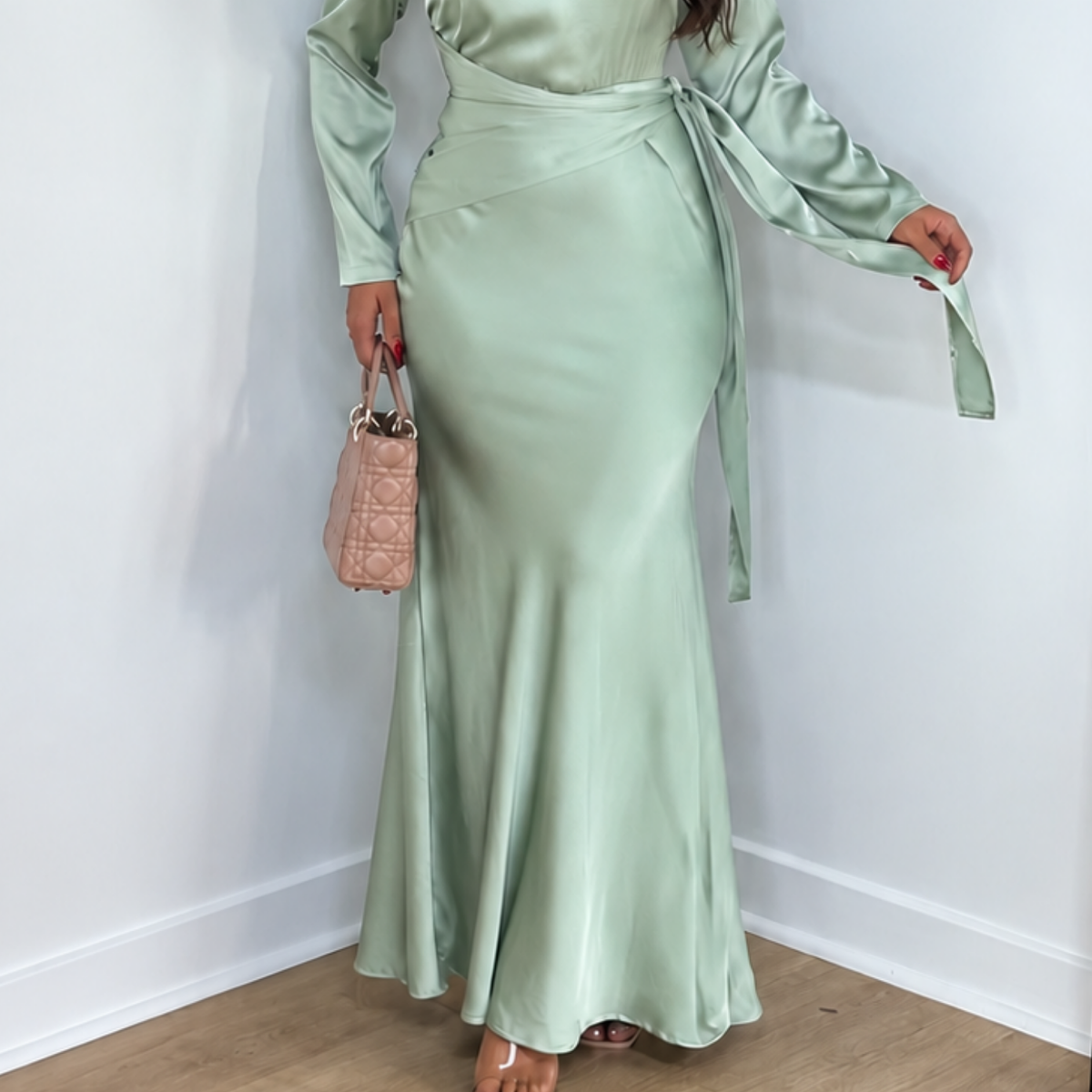 Mint Green Satin Waist Wrap Modest Ankle-Length Dress