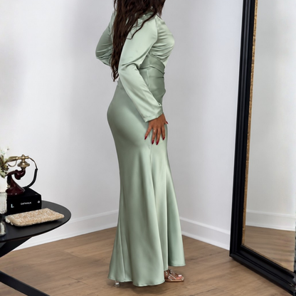 Mint Green Satin Waist Wrap Modest Ankle-Length Dress