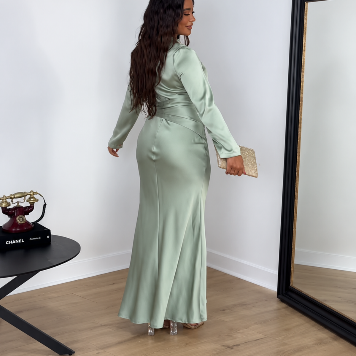 Mint Green Satin Waist Wrap Modest Ankle-Length Dress