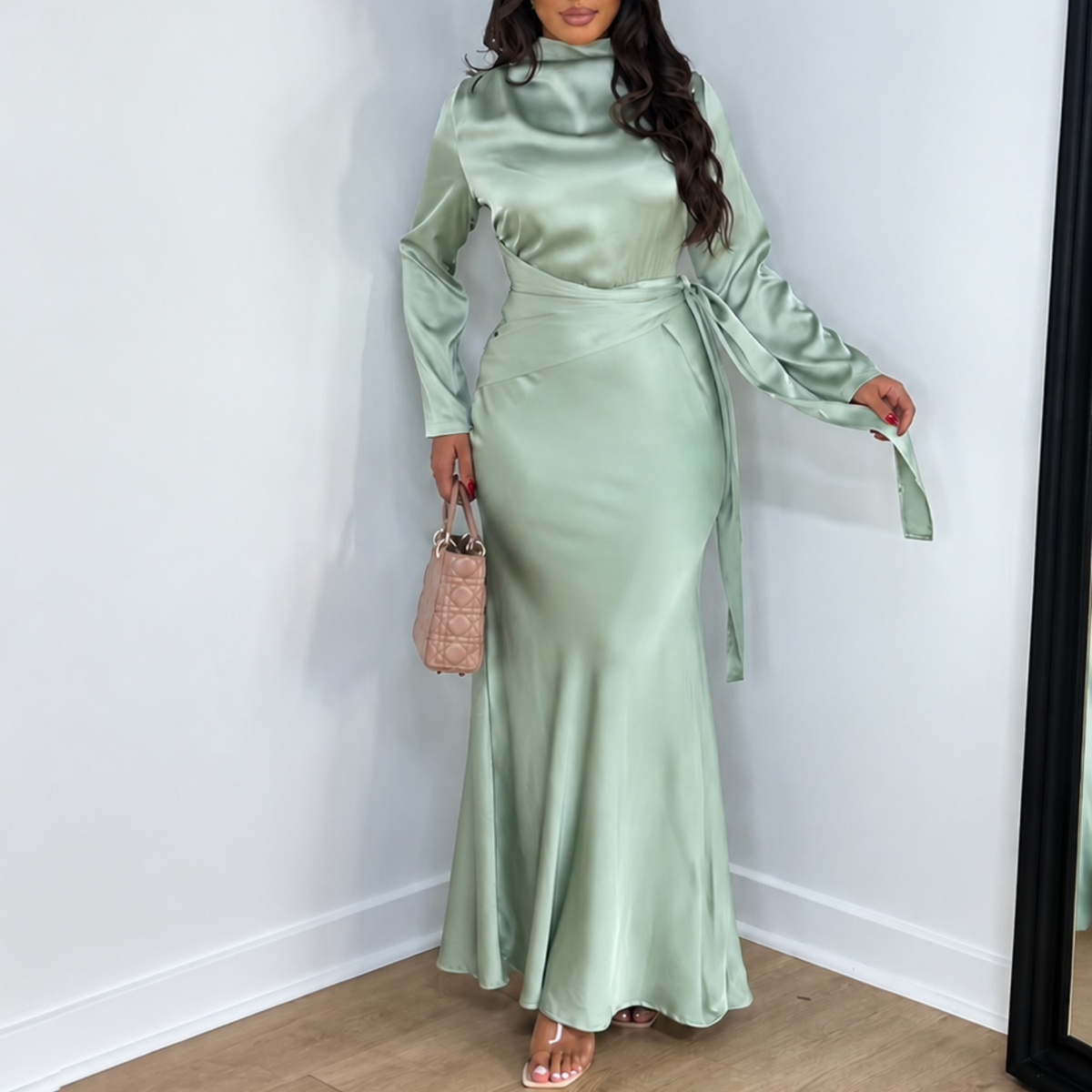 Mint Green Satin Waist Wrap Modest Ankle-Length Dress