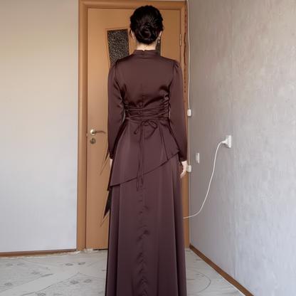 Modest Brown Satin High Neck A-Line Evening Dress, Back 2