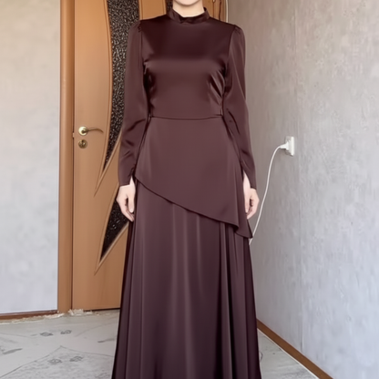 Modest Brown Satin High Neck A-Line Evening Dress, Close Up