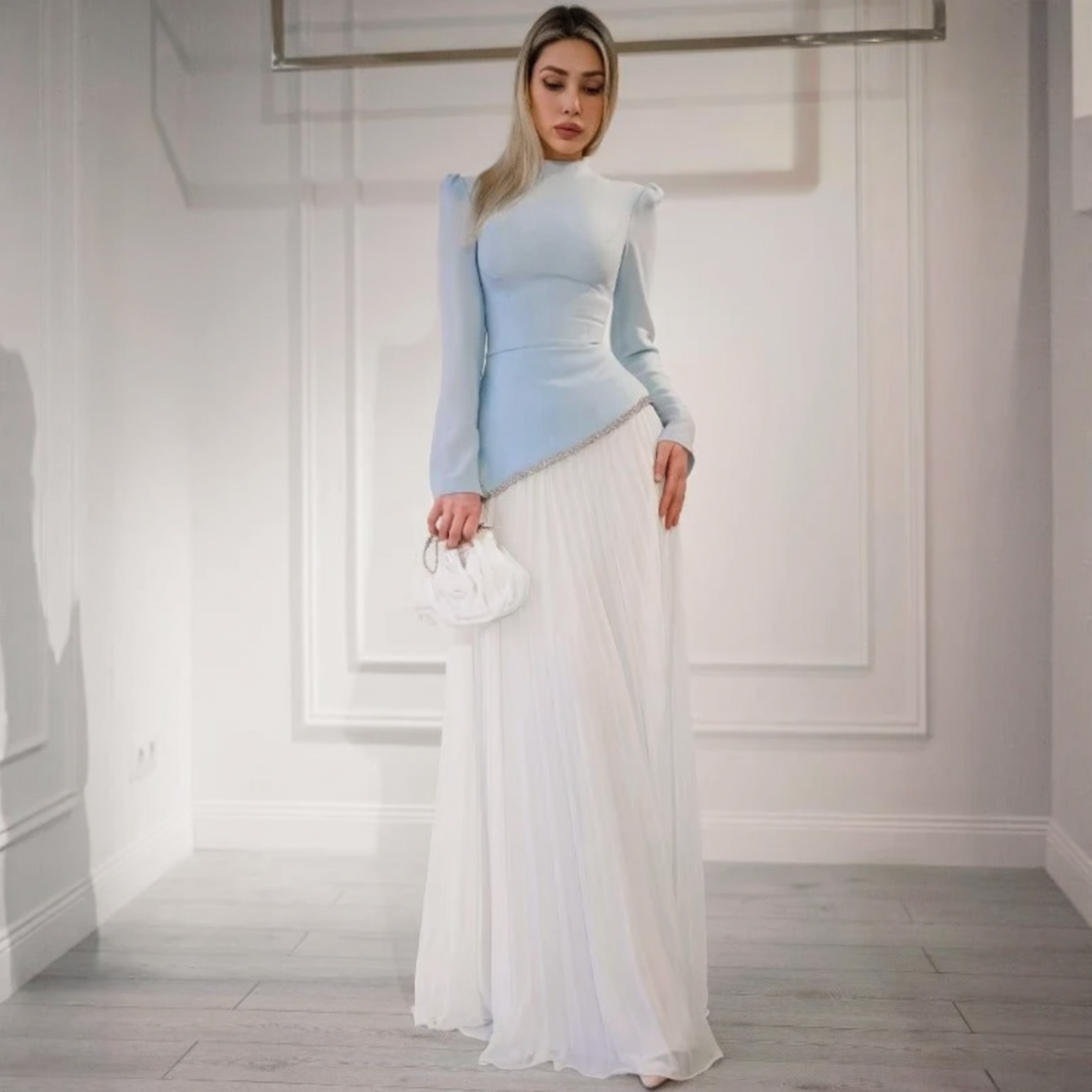 Modest Light Blue High Neck Chiffon Asymmetric Evening Dress