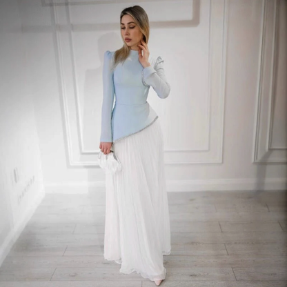 Modest Light Blue High Neck Chiffon Asymmetric Evening Dress, Front 2
