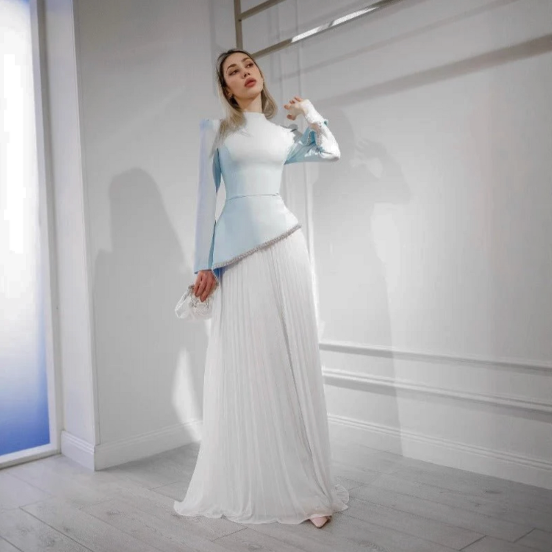 Modest Light Blue High Neck Chiffon Asymmetric Evening Dress, Left