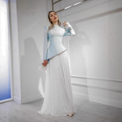 Modest Light Blue High Neck Chiffon Asymmetric Evening Dress, Left