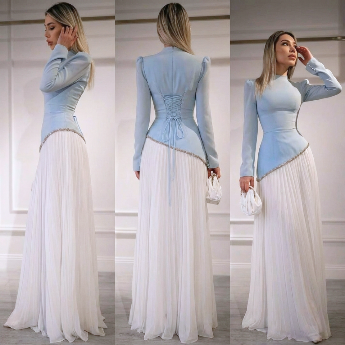 Modest Light Blue High Neck Chiffon Asymmetric Evening Dress, Back