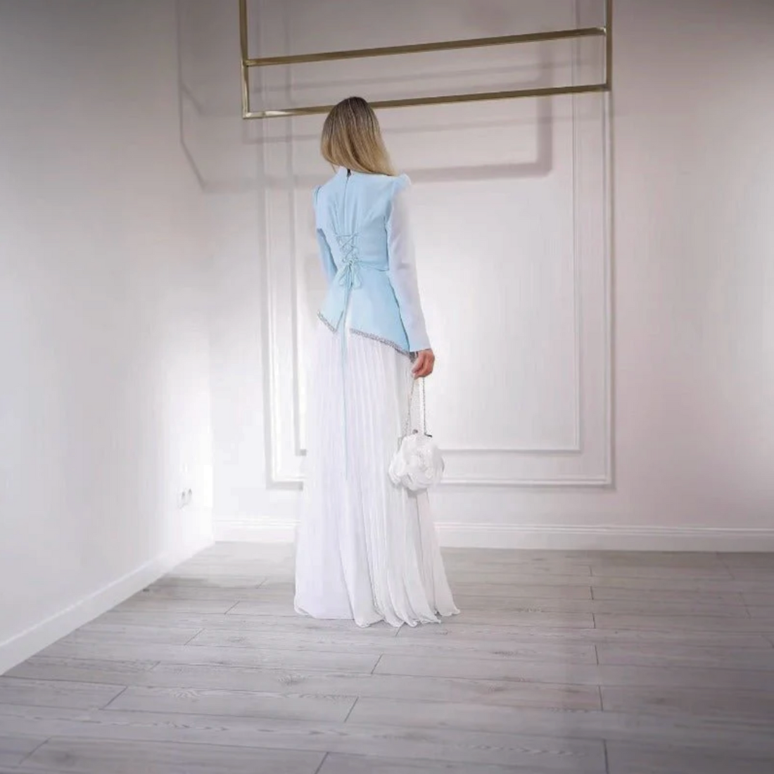 Modest Light Blue High Neck Chiffon Asymmetric Evening Dress, Back