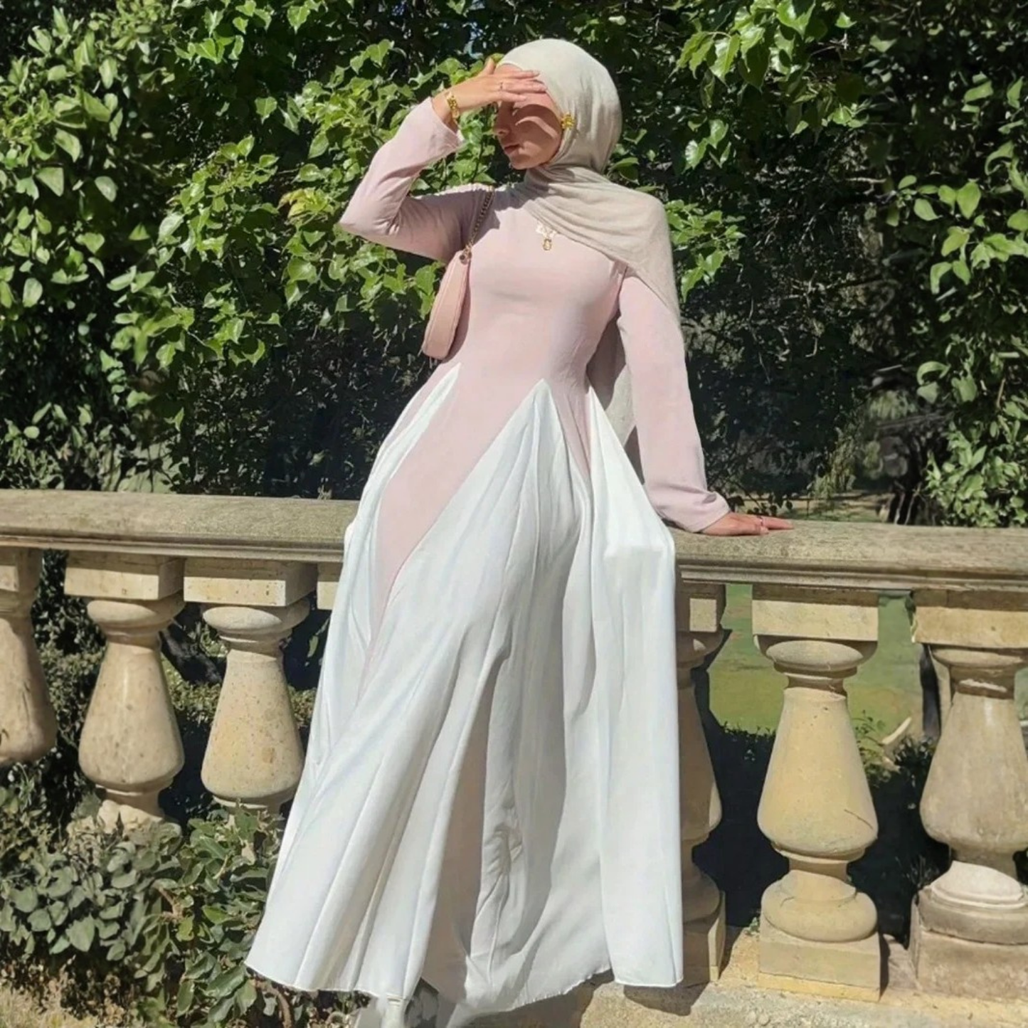 Modest Light Pink Long Sleeves A-Line Maxi Dress