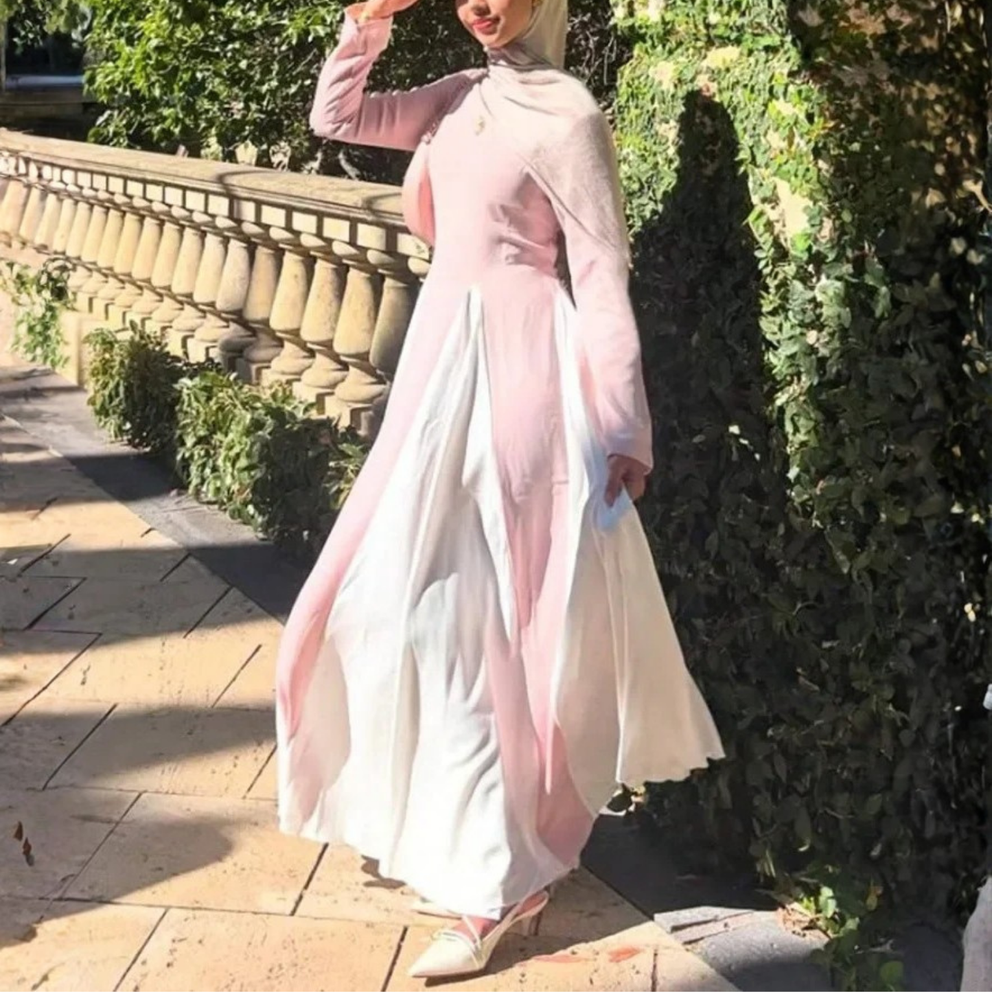 Modest Light Pink Long Sleeves A-Line Maxi Dress, Left