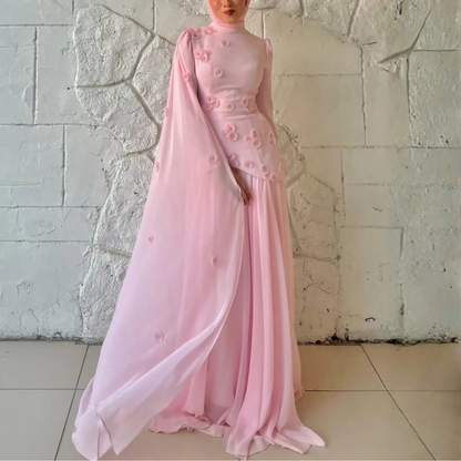 Modest Pink Chiffon High Neck Floral Applique Shoulder Train Gown, Left