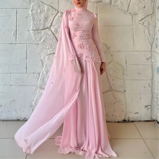 Modest Pink Chiffon High Neck Floral Applique Shoulder Train Gown