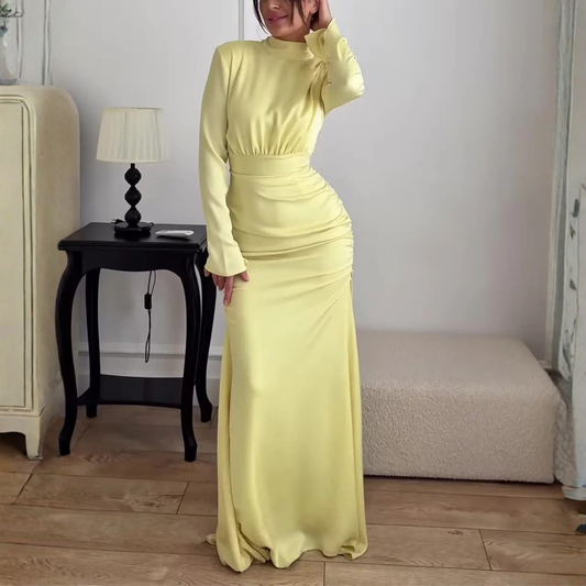 Modest Yellow High Neck Mermaid Floor-Length Dress, Front