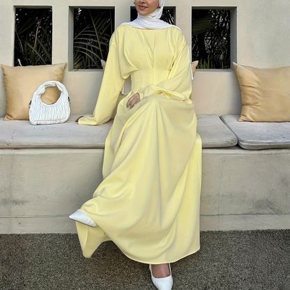 Modest Yellow Long Flare Sleeves A-Line Maxi Dress, Sitting