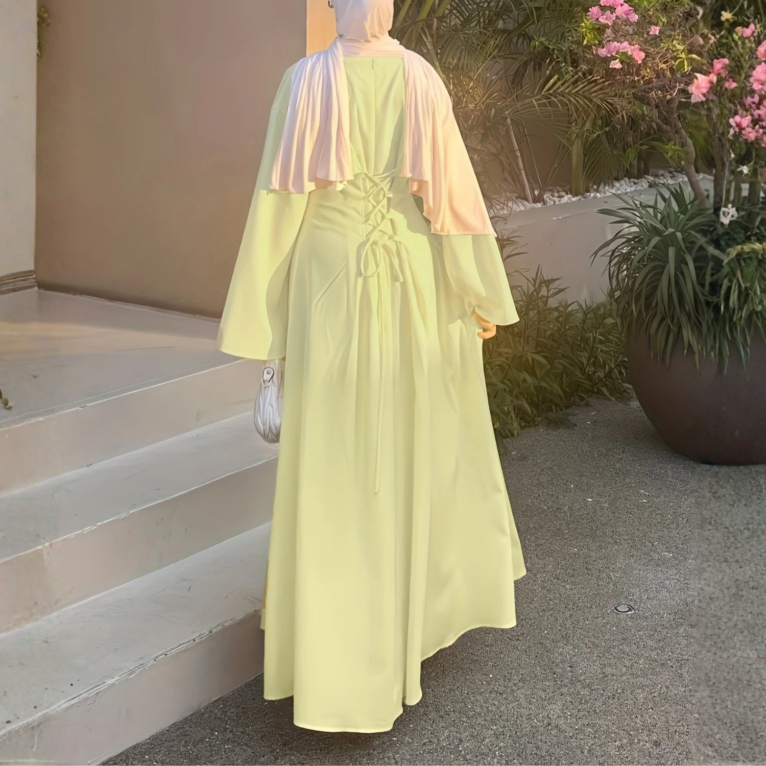 Modest Yellow Long Flare Sleeves A-Line Maxi Dress, Back