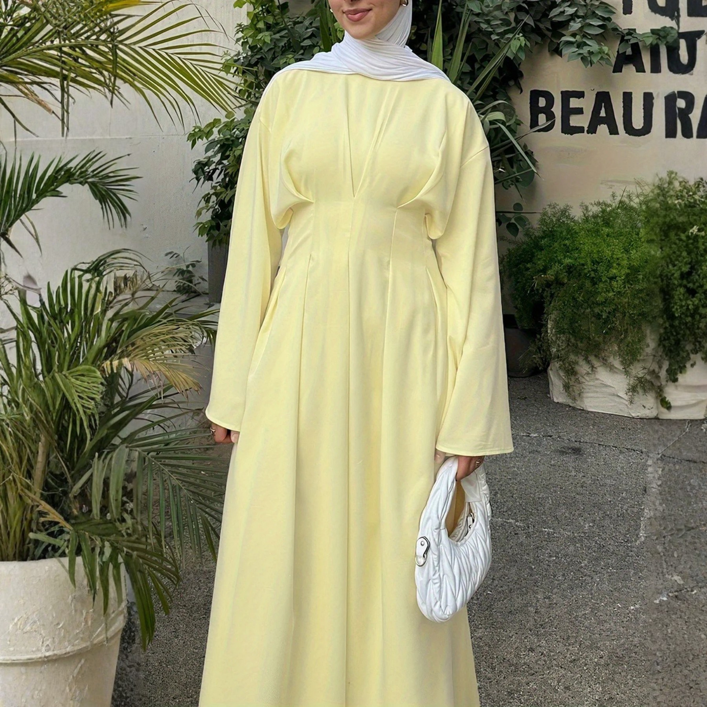 Modest Yellow Long Flare Sleeves A-Line Maxi Dress, Close Up