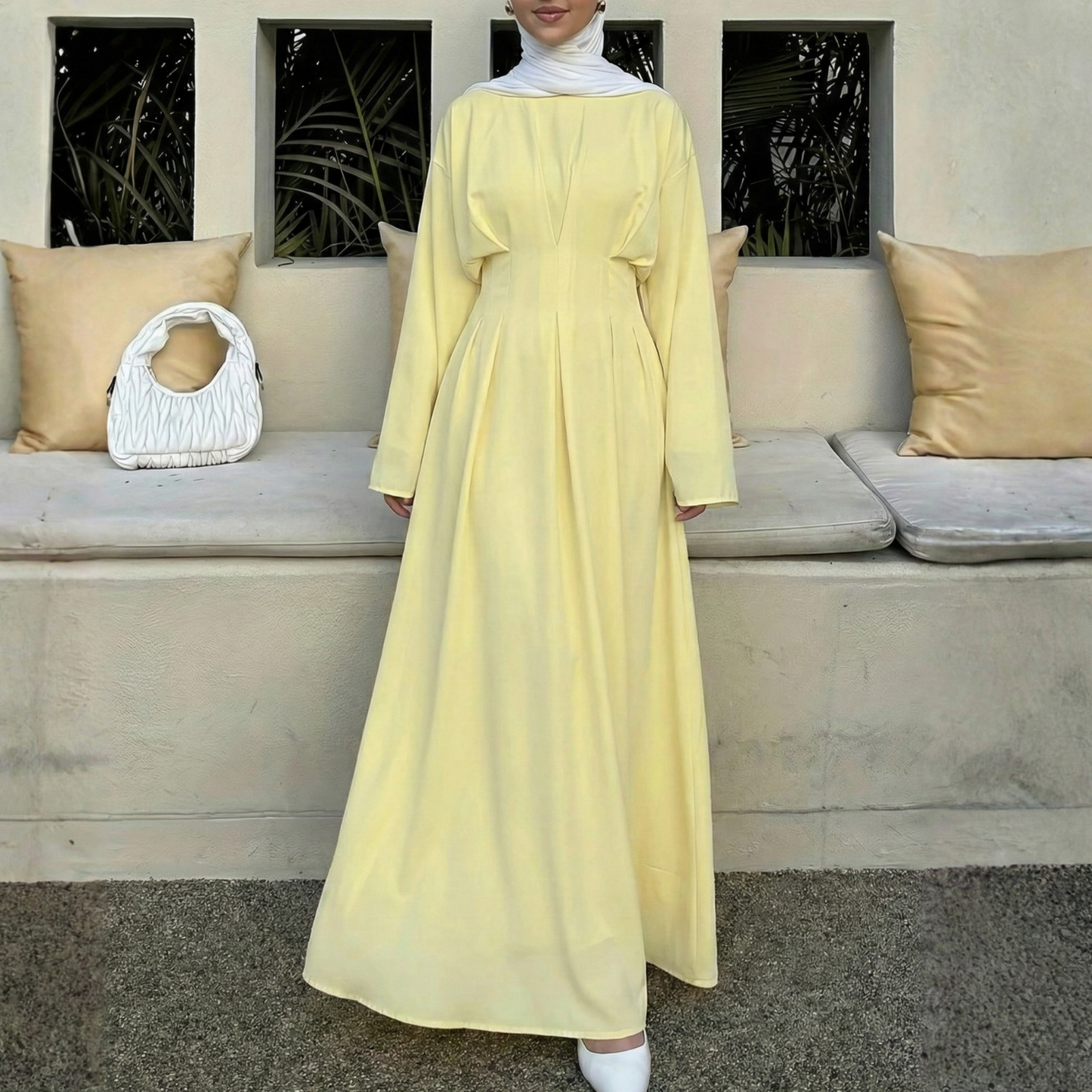 Modest Yellow Long Flare Sleeves A-Line Maxi Dress