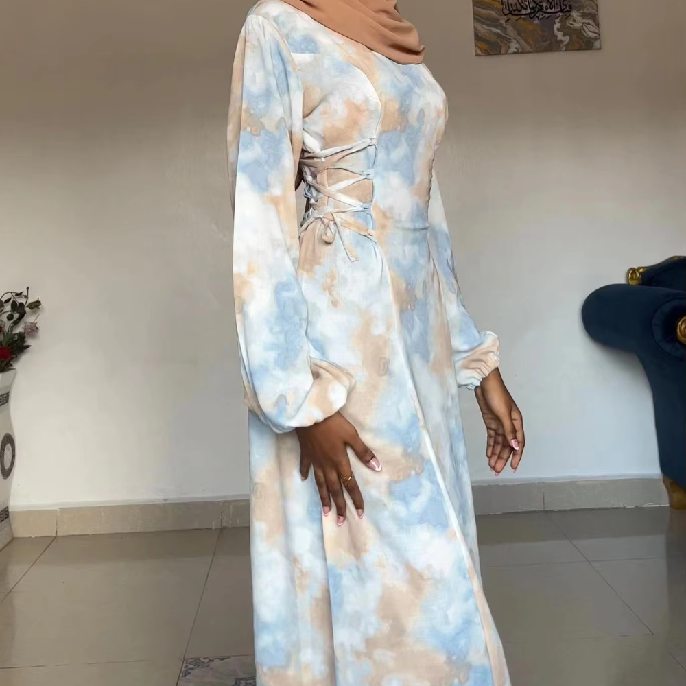 Modest Multicolour Puff Sleeves Maxi Dress, Left