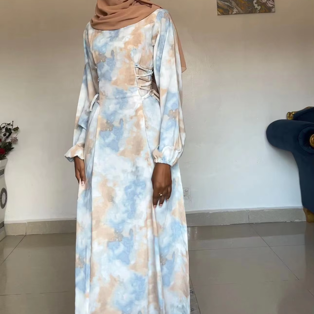 Modest Multicolour Puff Sleeves Maxi Dress, Close Up