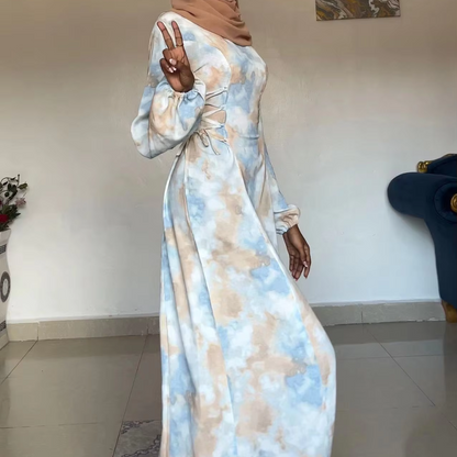 Modest Multicolour Puff Sleeves Maxi Dress, Left 2
