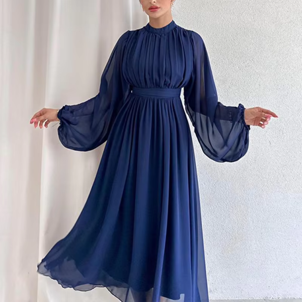 Modest Pleated Chiffon Flare Sleeves Midi Dress, Navy Blue