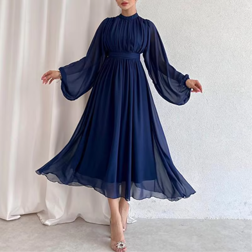 Modest Pleated Chiffon Flare Sleeves Midi Dress, Navy Blue, Left