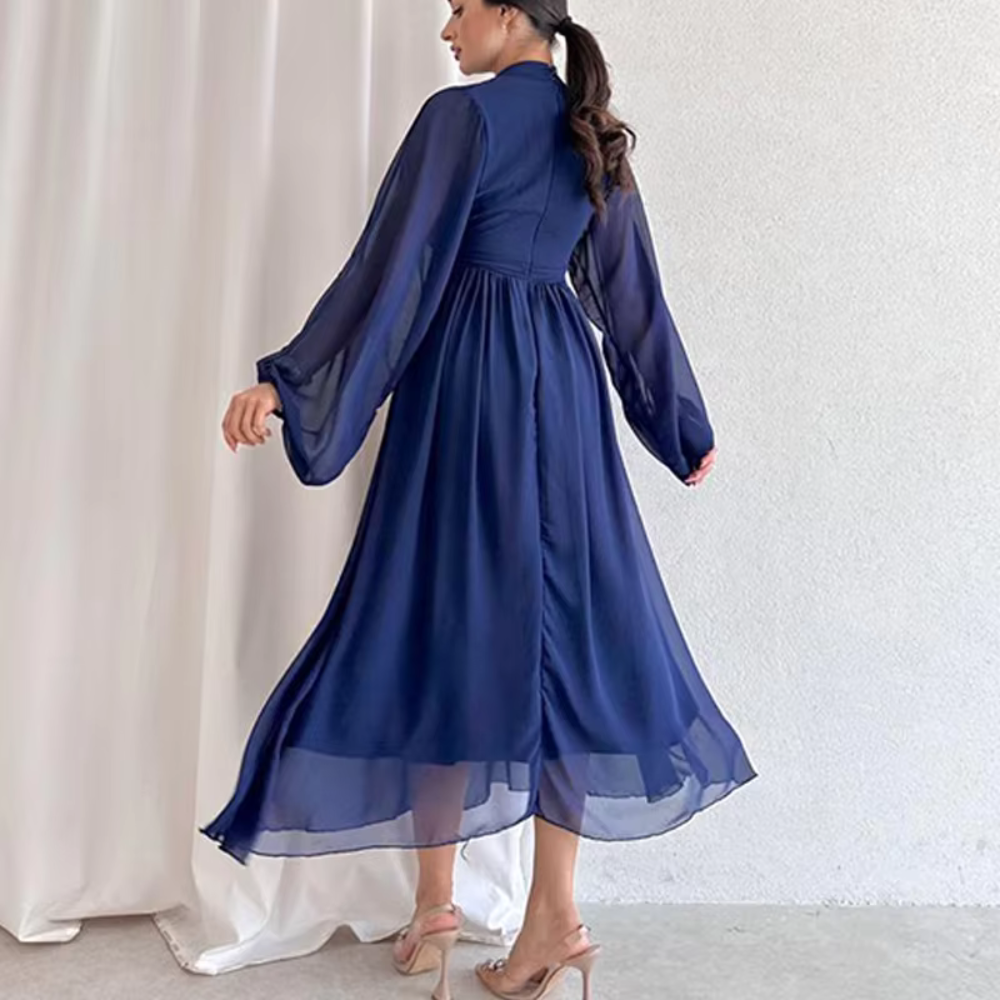 Modest Pleated Chiffon Flare Sleeves Midi Dress, Navy Blue, Back