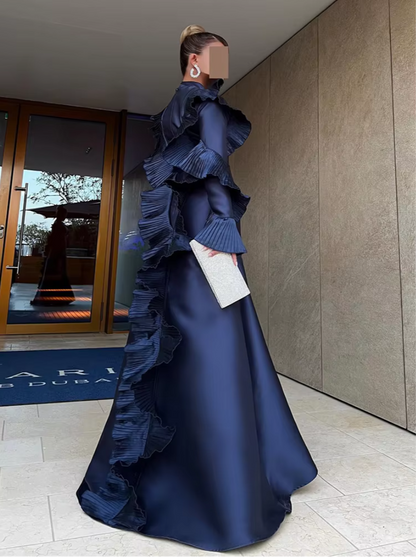 Navy Blue Modest Satin Ruffle Sleeves Mermaid Gown, Back Right