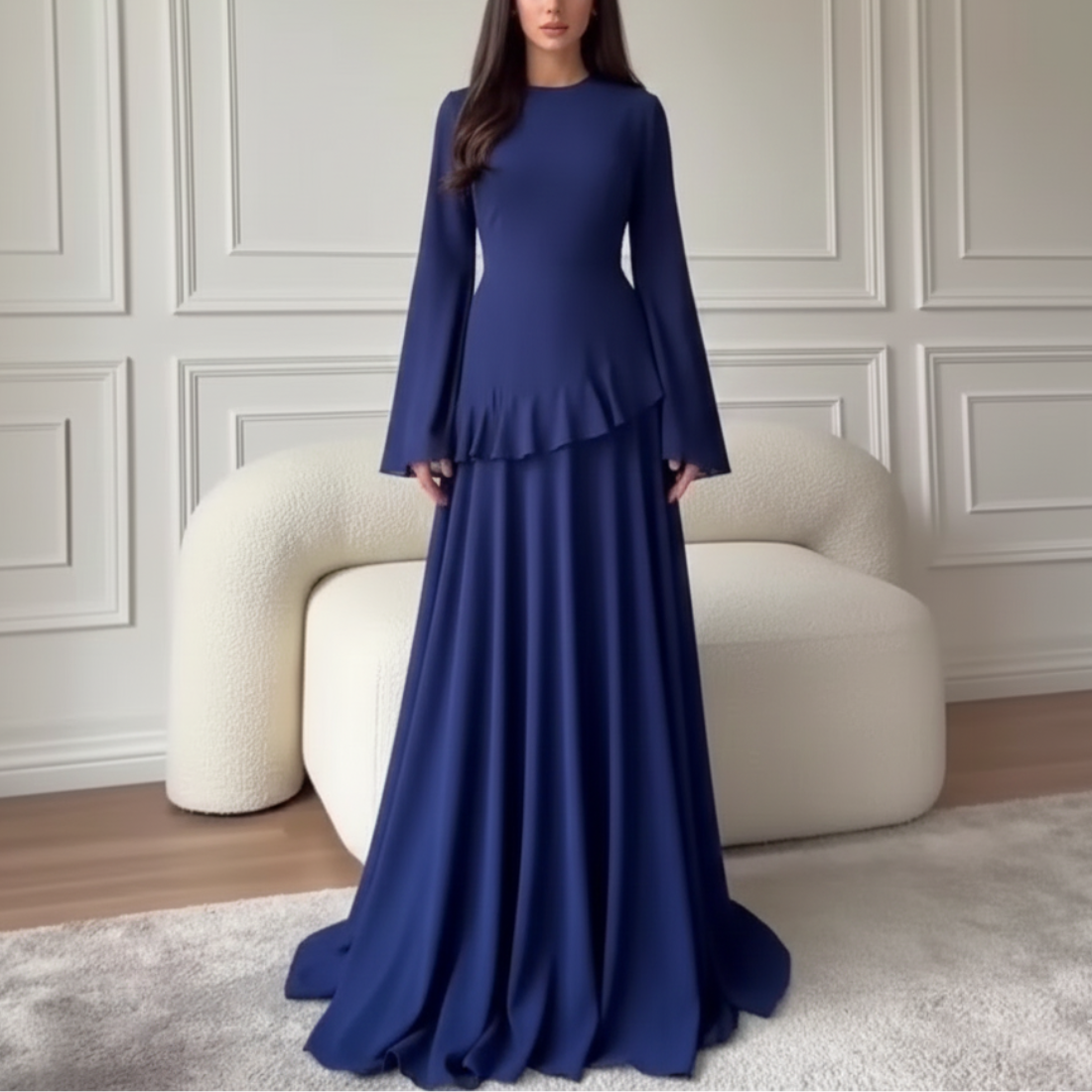 Night Blue Modest Chiffon Flare Sleeves A-Line Long Dress