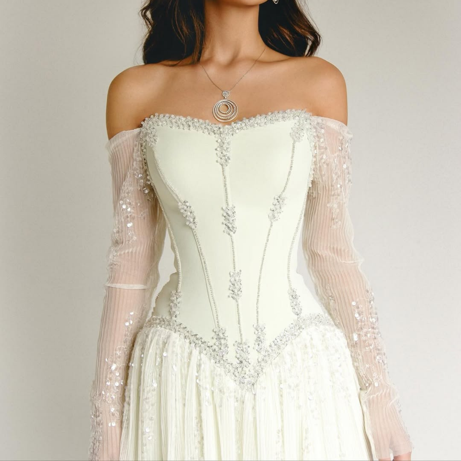 Off White Sparkly Mesh Rhinestone Long Sleeves A-line Gown, Close Up