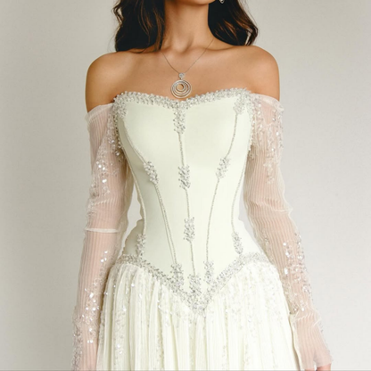 Off White Sparkly Mesh Rhinestone Long Sleeves A-line Gown, Close Up