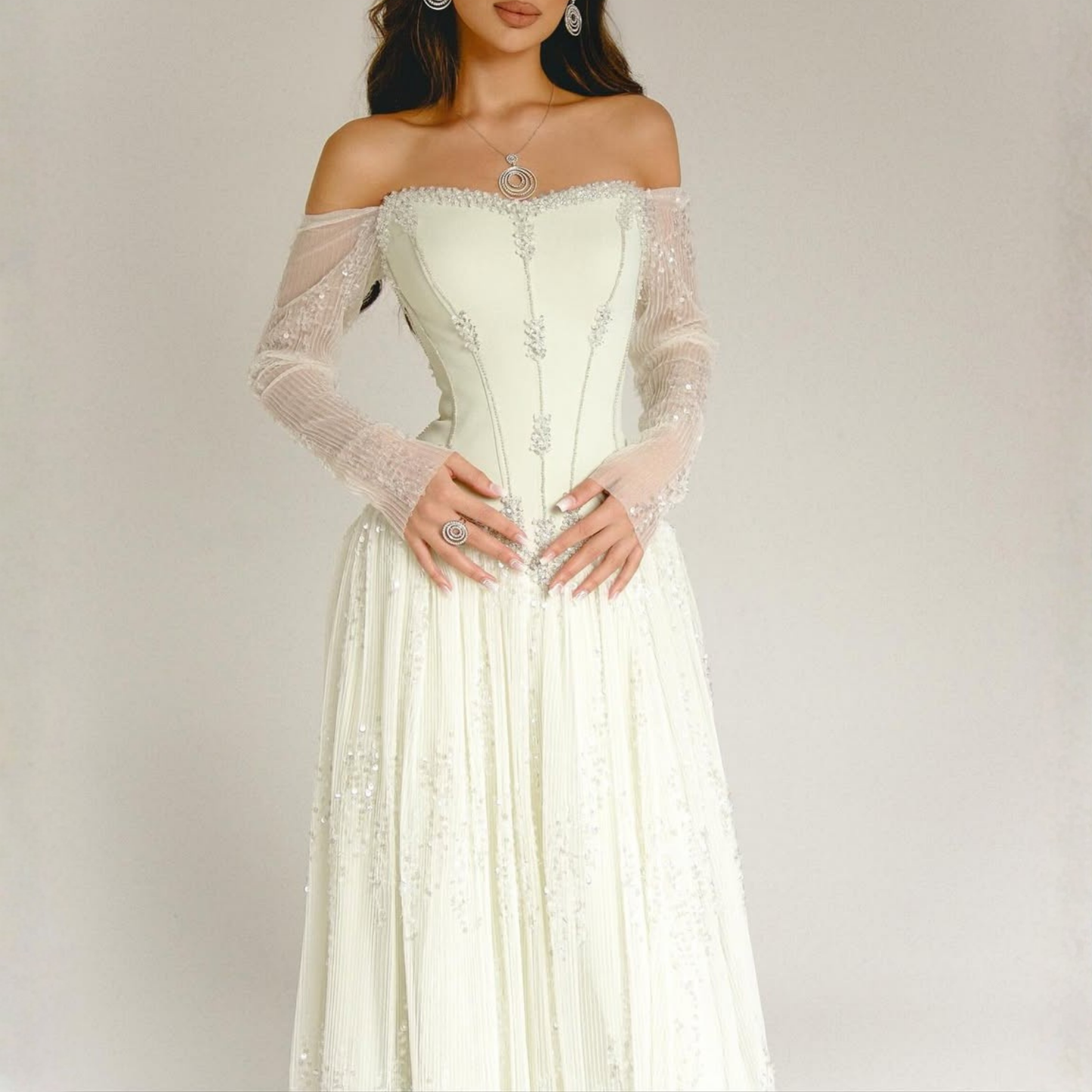Off White Sparkly Mesh Rhinestone Long Sleeves A-line Gown, Left