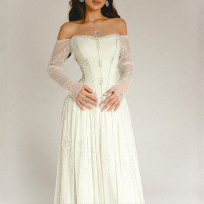 Off White Sparkly Mesh Rhinestone Long Sleeves A-line Gown, Left