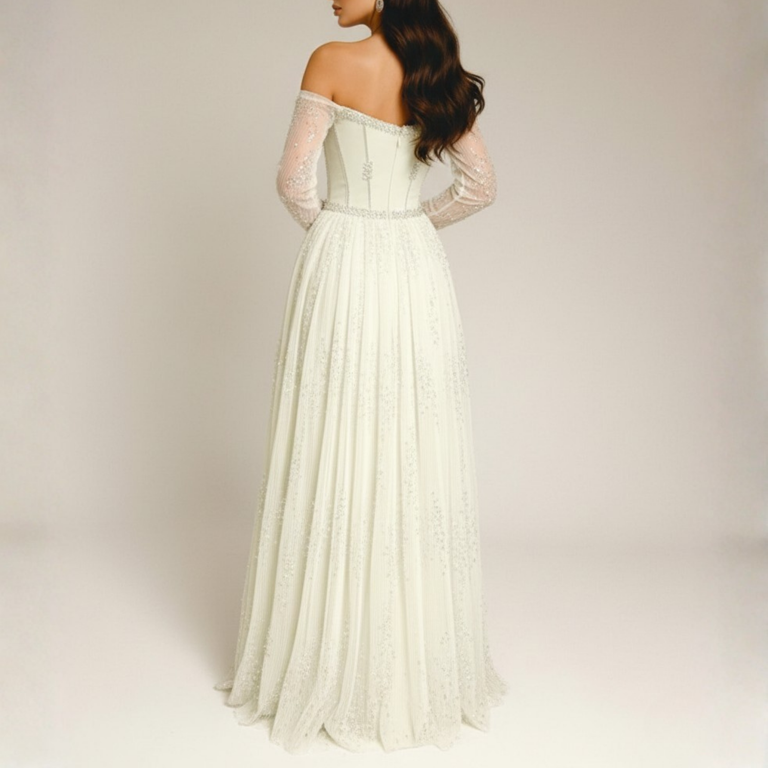 Off White Sparkly Mesh Rhinestone Long Sleeves A-line Gown, Back