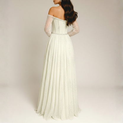 Off White Sparkly Mesh Rhinestone Long Sleeves A-line Gown, Back