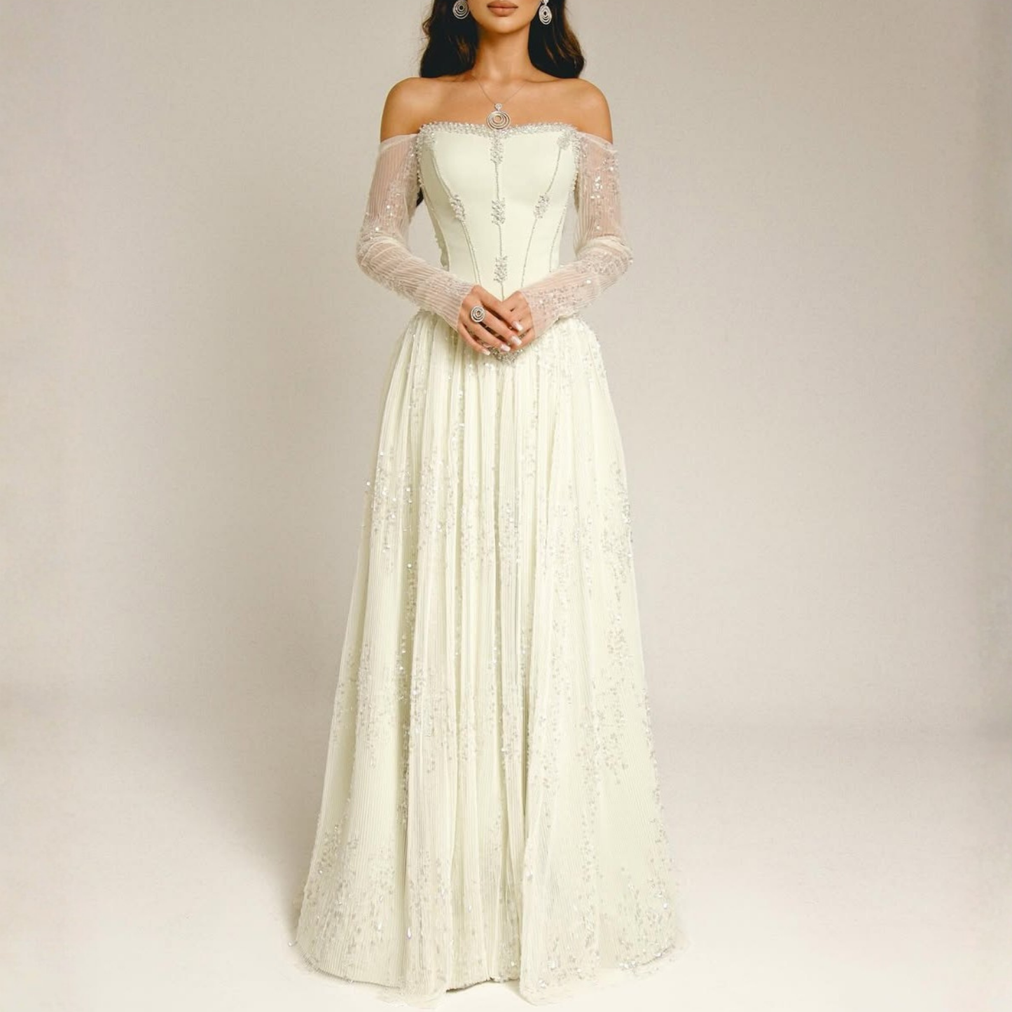 Off White Sparkly Mesh Rhinestone Long Sleeves A-line Gown